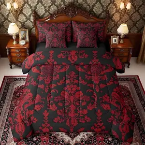 Red Black Vintage Damask Floral Comforter Set with Sheets,Oriental Antique 7 Piece Bedding Set,Gothic Bohemia Floral Bed in A Bag