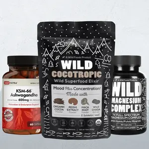 Wild Foods Cortisol Balance Bundle: Ashwagandha Capsules (90caps) + Wild Magnesium Complex + Cocotropic 16oz - Stress Support, Calm Energy, & 3-1.0 Form Supports - Vitamin, Muscle
