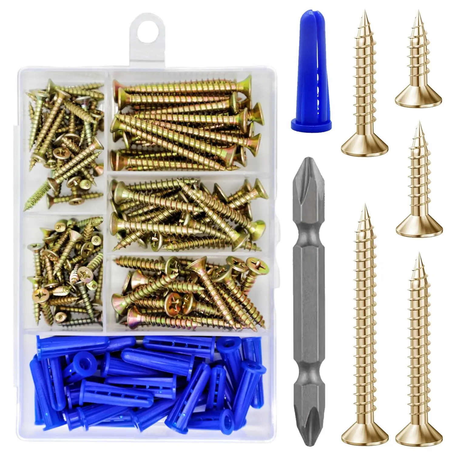 150 Pcs Yellow Zinc Self-Tapping Flat Head Screws with Drywall Plastic Anchors Kit - High Strength, Deep Threads, #6/#8 Sizes, 20 Pcs #8*1, for Home Appliances, Cabinet Industry
