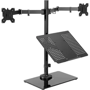 Freestanding Dual   and Laptop Combo Desk Stand with Glass Base, Fits up to 32 inch Monitors and 17 inch Laptops, Black, STAND-V003FGL