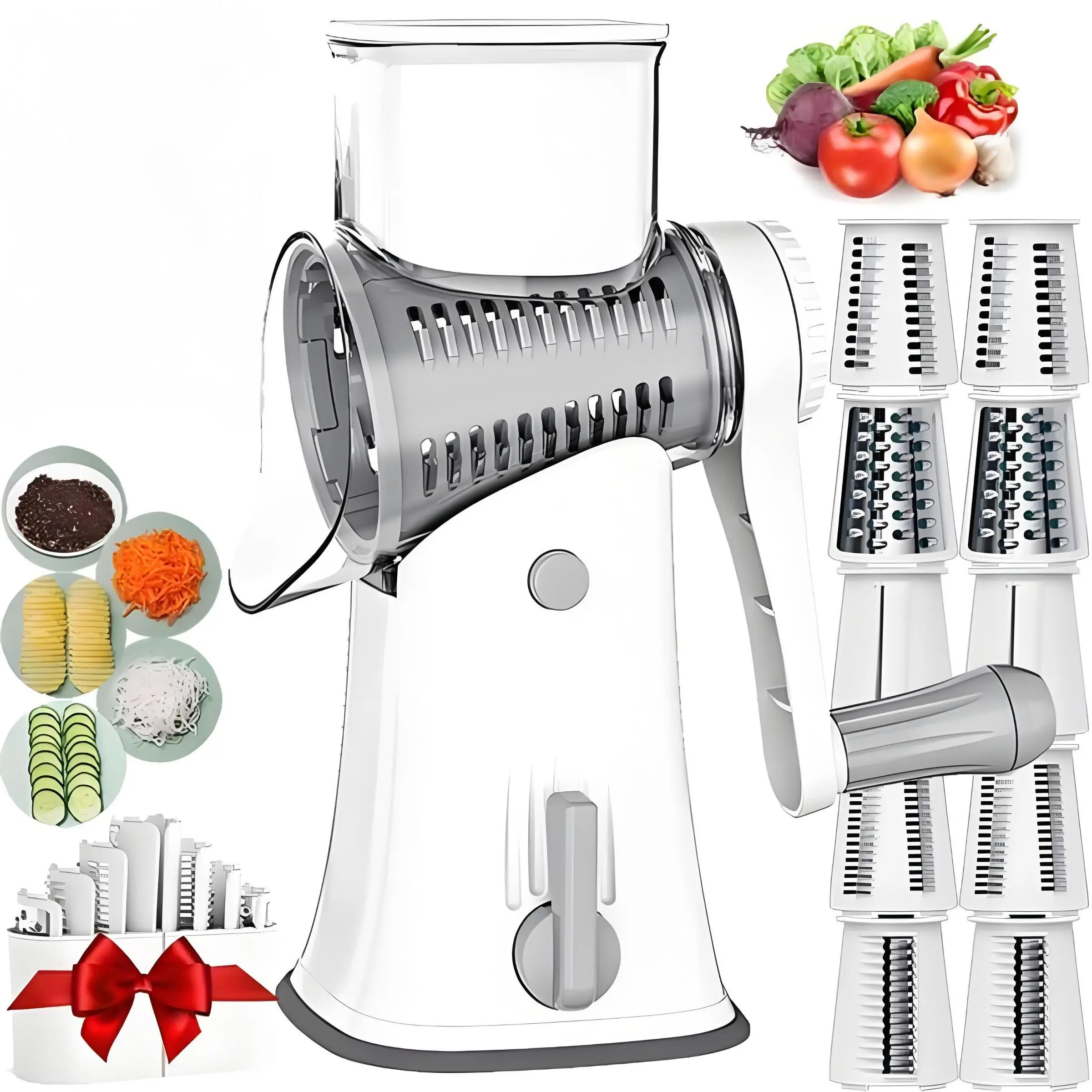 Rotating Cheese Grater, 1 Set Manual Food Vegetable Chopper with Suction Cup Base & Blades, Household Kitchen Tool for Potato & Fruit