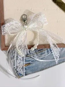 Elegant Korean Style Keychain Pendant, Light Color Ribbon Bow Design, Sweet Lace Bag Accessory, Perfect for Women & Girls, Keychain Kawaii