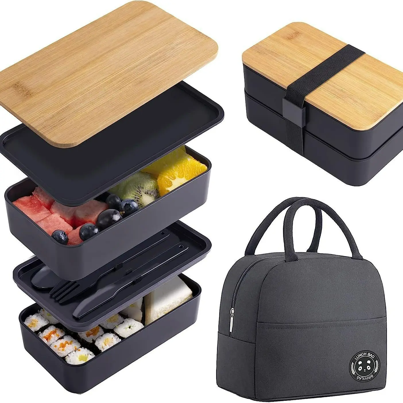 Double Layer Japanese Leakproof Lunch Box Set, Includes Insulated Food Bag, Large Capacity Compartment, Microwave Safe Plastic Container, Leakproof Lunchbox