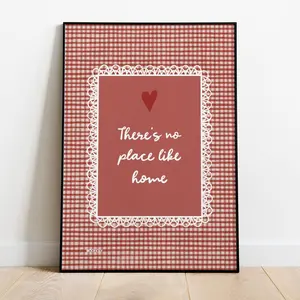 There’s No Place Like Home Print, Cute Wall Art, Hand Lettered Poster, Cozy Home Decor, Gingham Print, Heart Wall Art, Cottage Style Decor