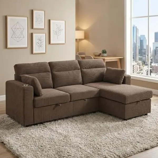 82.5" L‑Shaped Pull‑Out Sleeper Sectional Sofa, Convertible Couch with Storage Chaise, Cup Holders & 2 Pillows,  for Small Apartment Living Room，Coffee Tone
