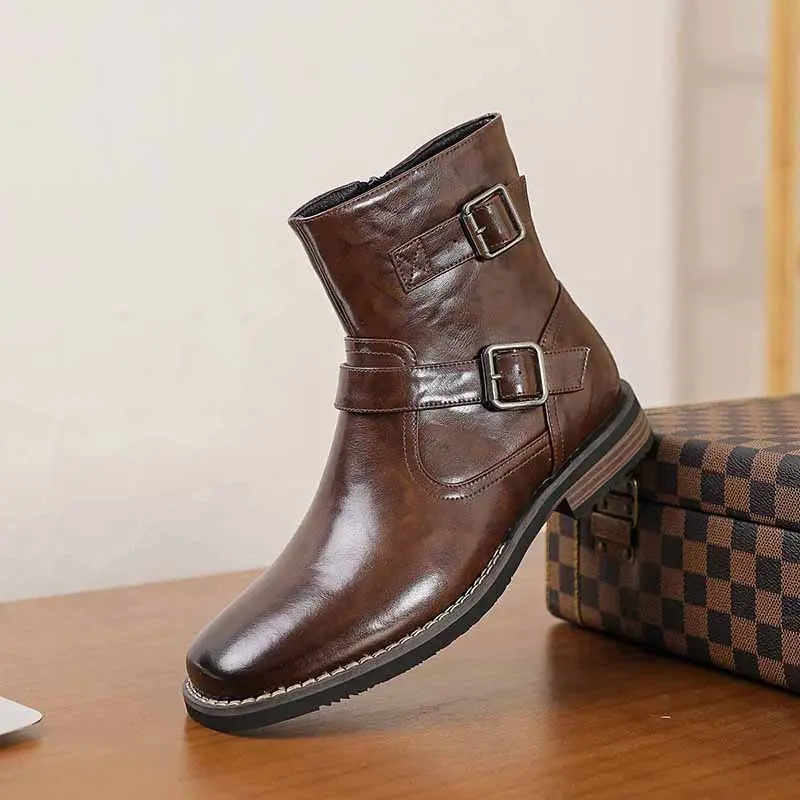 Men's British-Style Mid-Calf PU Leather Motorcycle Boots - Round Toe, Double Buckles, Plain, Non-Slip, Waterproof, Thick Sole, Commuter Workwear Boots