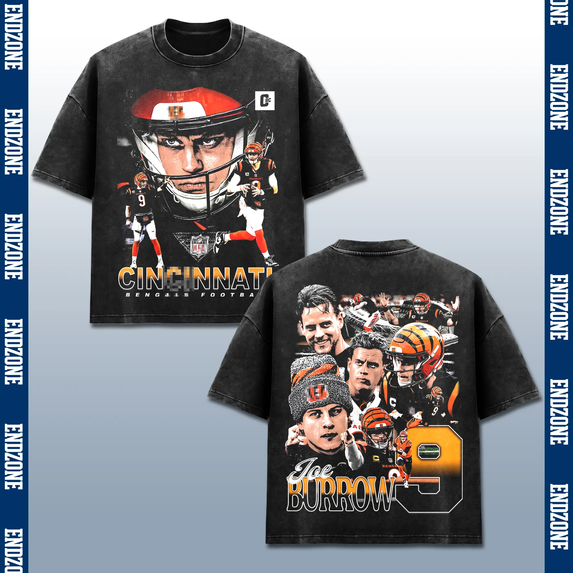 [Endzone] Joe Burrow JB9 T-Shirt, Joe Cool QB Graphic Tee, Who Dey Nation Football Fan Merch, Queen City Sports Apparel, Retro 90s Bootleg Game Day Shirt, Pro Football Season Gift, Men Women Heavyweight Oversized Black Acid Wash Vintage Clothing