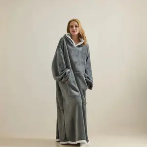 Wearable Blanket Hoodie Sweatshirt Gifts for Women Men Warm Cozy Thick Flannel with Sleeves Giant Pocket Light Grey