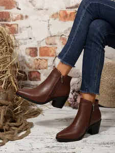 Women's Fashion Fall High Heel Square Toe Ankle Boots with Dual Zipper, Stylish Comfortable Short Booties for Casual Wear
