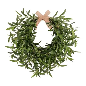 Modern Farmhouse Artificial Olive Wreath with Burlap Bow | Everyday Front Door Decor | Rustic Greenery Hanging
