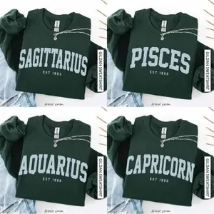 (LEAVE A NOTE OR DM SHOP) Personalized Zodiac Sweatshirt with Custom Year - Forest Green, Astrology Crewneck Pullover, Cute Horoscope Gift, Unisex Star Sign Birthday Outfit for Zodiac Lovers