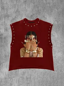 Trendy Sleeveless Printed Vest for Men and Women, Graphic Print + Stud Design, Loose Fit, Casual Streetwear, Workout Tank Top, All Seasons