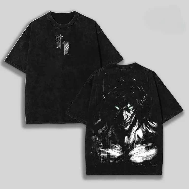 Retro Heavy Eren Yeager x Attack On Titan Ver 2 Anime Double Printed Men's Vintage Tee Washed Unisex Oversize Anime Manga Washed Heavyweight Cotton T-shirt, Anime Gift For Him vintage t-shirt casual menswear style top fathersdaygift