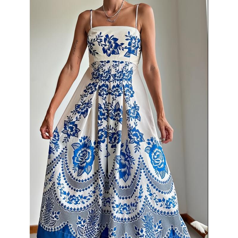 Women's clothing Elegant Blue & White Floral Print Strapless Ankle-Length Maxi Dress - Sleeveless Bodycon Pencil Skirt Silhouette, Flared Hem Summer for Beach Weddings Casual Outings, Fabric Fit Chic Polyester Womenswear Collar Comfort