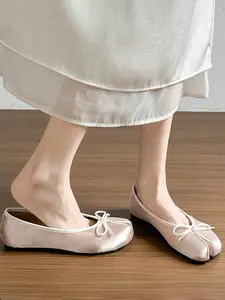 Women's Split Toe Satin Ballet Flat Shoes, Soft Sole Comfortable Low Heel, Elegant Bow Design, Casual Daily Wear Footwear, Ballerina Flats
