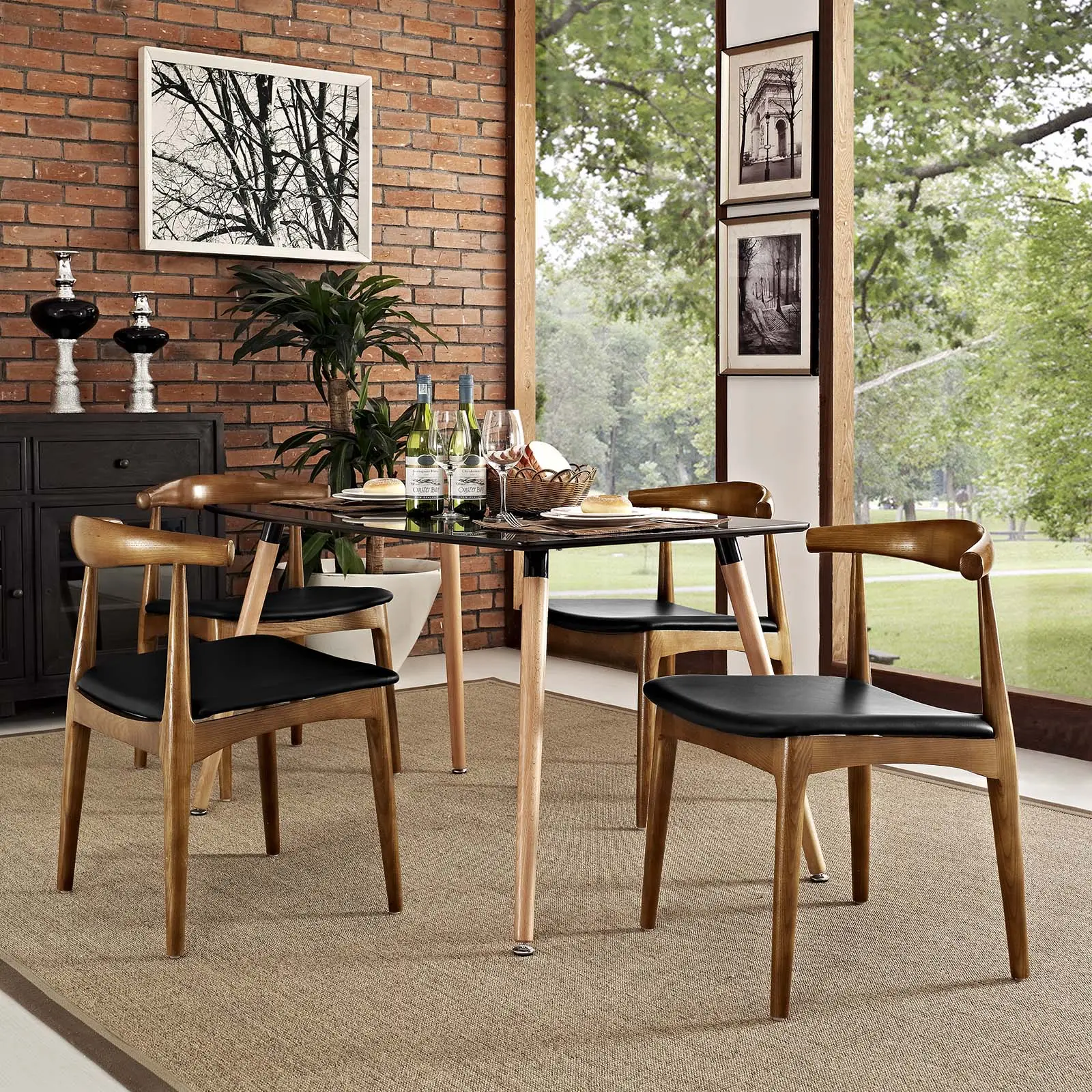 Modway Tracy Dining Chairs - Set of 4 Black Modern Mid-Century Side Chairs with Curved Back, Wood Frame, Foam Support, and Leatherette Padded Seats
