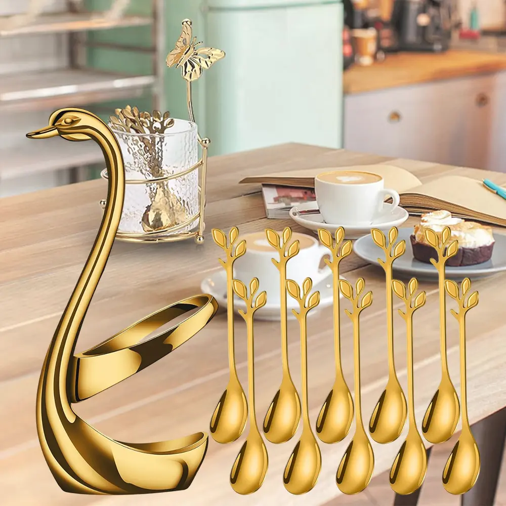 Set of 10 stainless steel teaspoons, multifunctional fruit and dessert spoons with a swan base cutlery rack, perfect for birthday, family, hotel, party, and Christmas decorations
