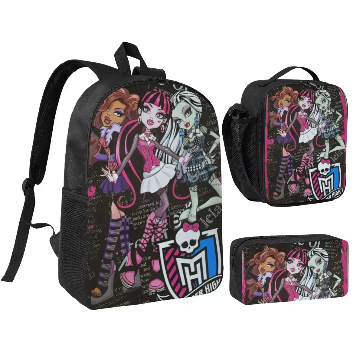 Unisex 17in Lightweight Monster High Backpack Set - Draculaura, Cleo de Nile Themed, Retro, Includes Lunch Box, Pen Pouch, for Back to School, Outdoor Travel (Textiles & Soft Furnishings Accessory)