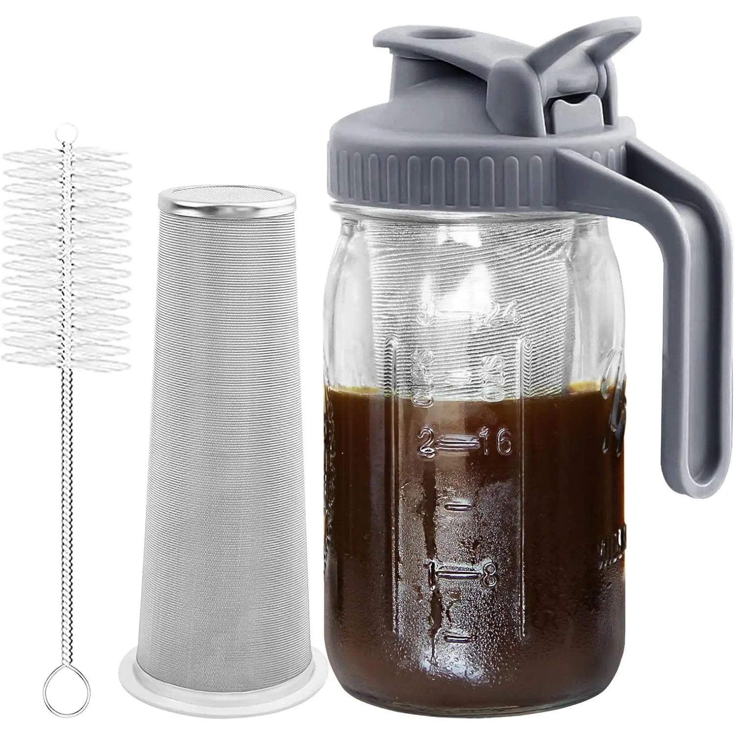 Cold Brew Coffee Maker Pitcher, 32 oz Thick Glass Mason Jar Spout Lid with Handle & Stainless Steel Filter for Iced Brew Coffee, Ice Lemonade, Sun , Fruit Drinks Container