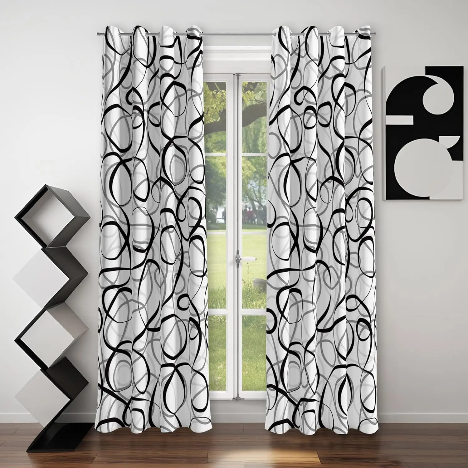 Black Grey White Geometric Curtains 2 Panels Sets Abstract Line Modern Art  Window Treatments Room Darkening Heat Blocking Elegant Curtain Decor for Living Room Bedroom 52x84 Inches