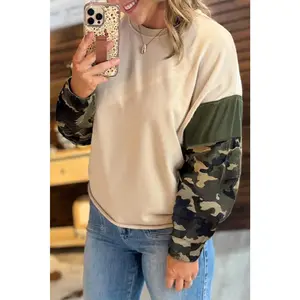 Apricot Camo Print Patchwork Sleeve Raw Hem Plus Size Sweatshirt