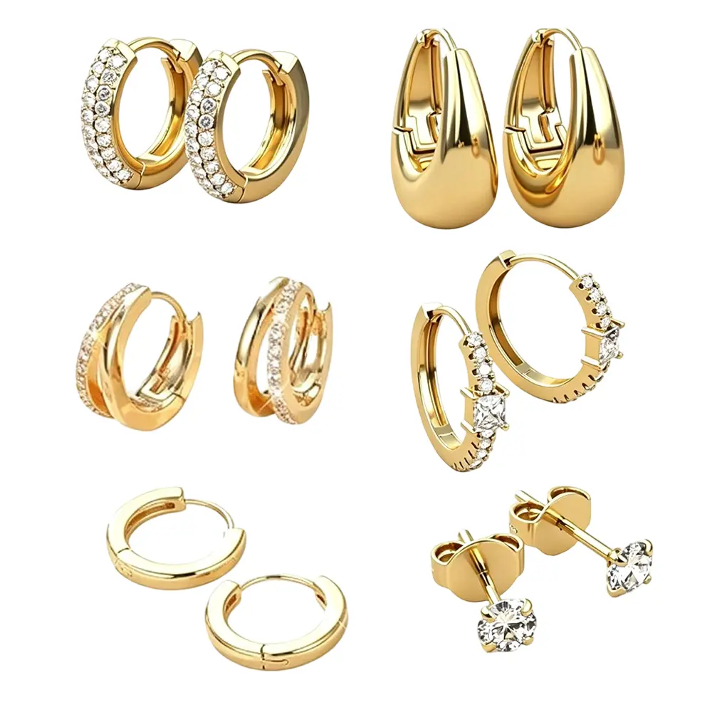 Women's 6-Pair Bundled Earring Set - Jewelry Stack with Mini Circular Hoop Earrings, Mixed Cubic Zirconia Hoops & Studs, Gold Metallic Ear Jewelry for Daily Outfits, Parties, Mini Hoop Earrings