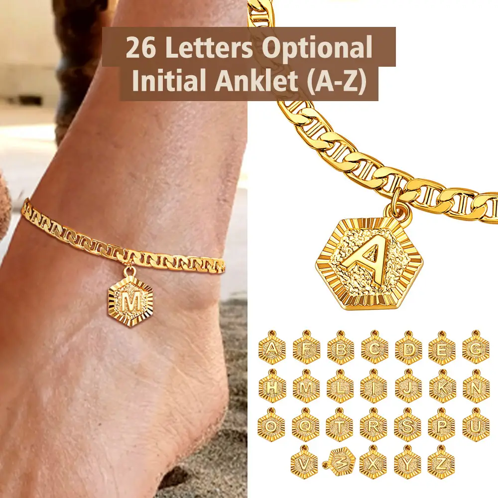 FindChic Initial Anklet Golden Mariner Chain with 26 A-Z Letters Name Engraved Customization Pendant Graduation BFF Gift Ankle Bracelet Summer Beach F
