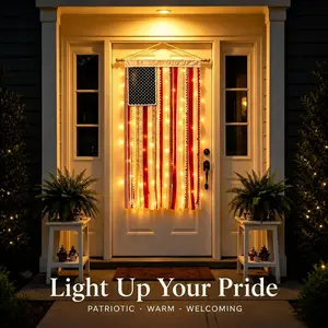 Lighted American Rag Flag Banner With LED Fairy Lights, 4x2.3Ft Rustic Patriotic Tassel Garland For 4th Of July Decoration,Aesthetic Americana Wall Hanging For Porch Yard Party,Independence Day Celebration Home Decor 250th Anniversary