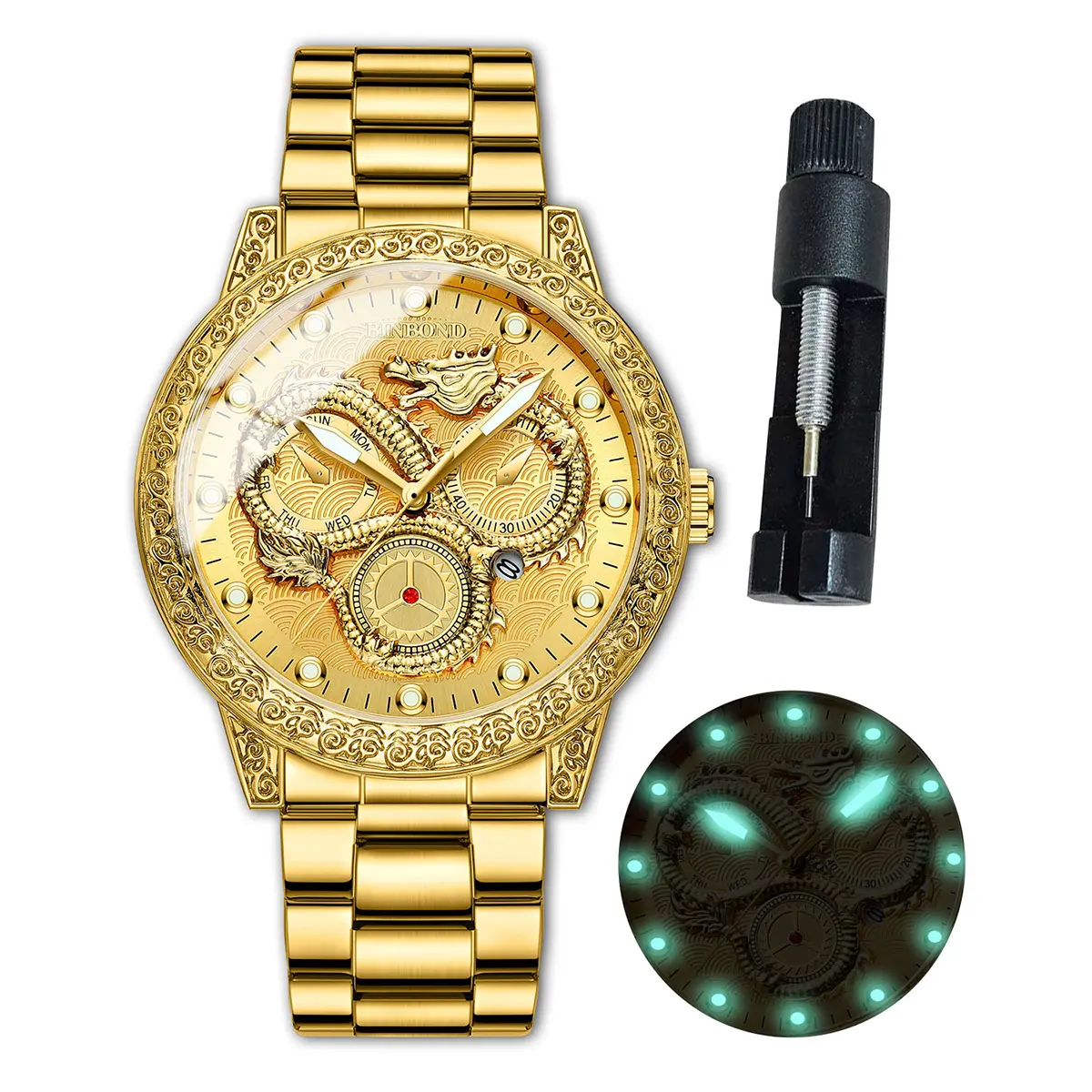 BINBOND Gold Dragon Watches for Men Stainless Steel Luxury Dress Business Big Face Dial Date Men's Wrist Watch Gift Waterproof Luminous 3030