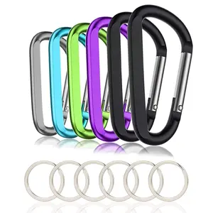 6PCS Black Carabiner Caribeaner Clip,3" Large Aluminum D Ring Shape Carabeaner with 6PCS Keyring Keychain Hook
