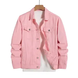 Men's Pink Denim Jacket - Casual Regular Fit, Turn-Down Collar Design, Long Sleeves, Front Pockets, Non-Elastic Fabric, Casual Coat |     Classic Denim Jacket