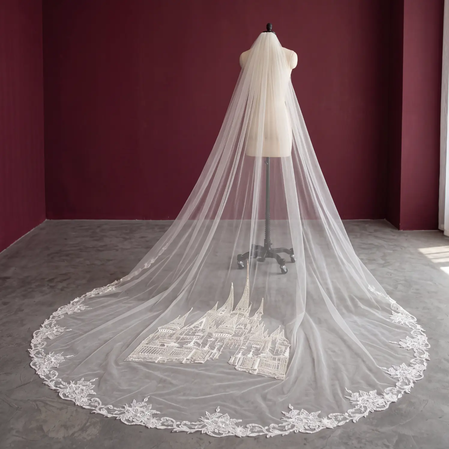 Castle Embroidered Cathedral Length Wedding Veil