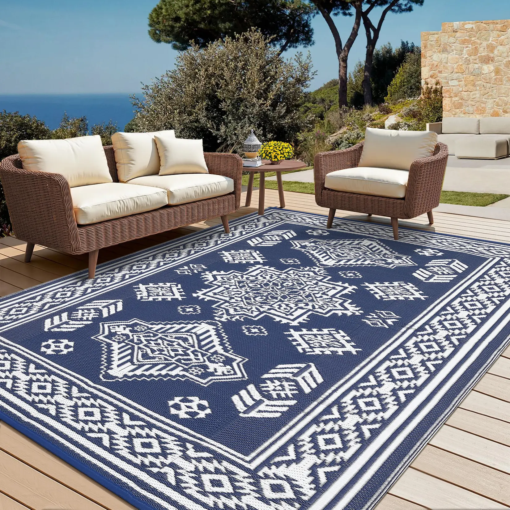 Reversible Outdoor Rugs, Waterproof Plastic Straw Rug Collapsible Easy-Care Area Rug for Patio, Garden, or Picnic - Woven, Durable & Lightweight Picnic Mat for Beach Porch Deck