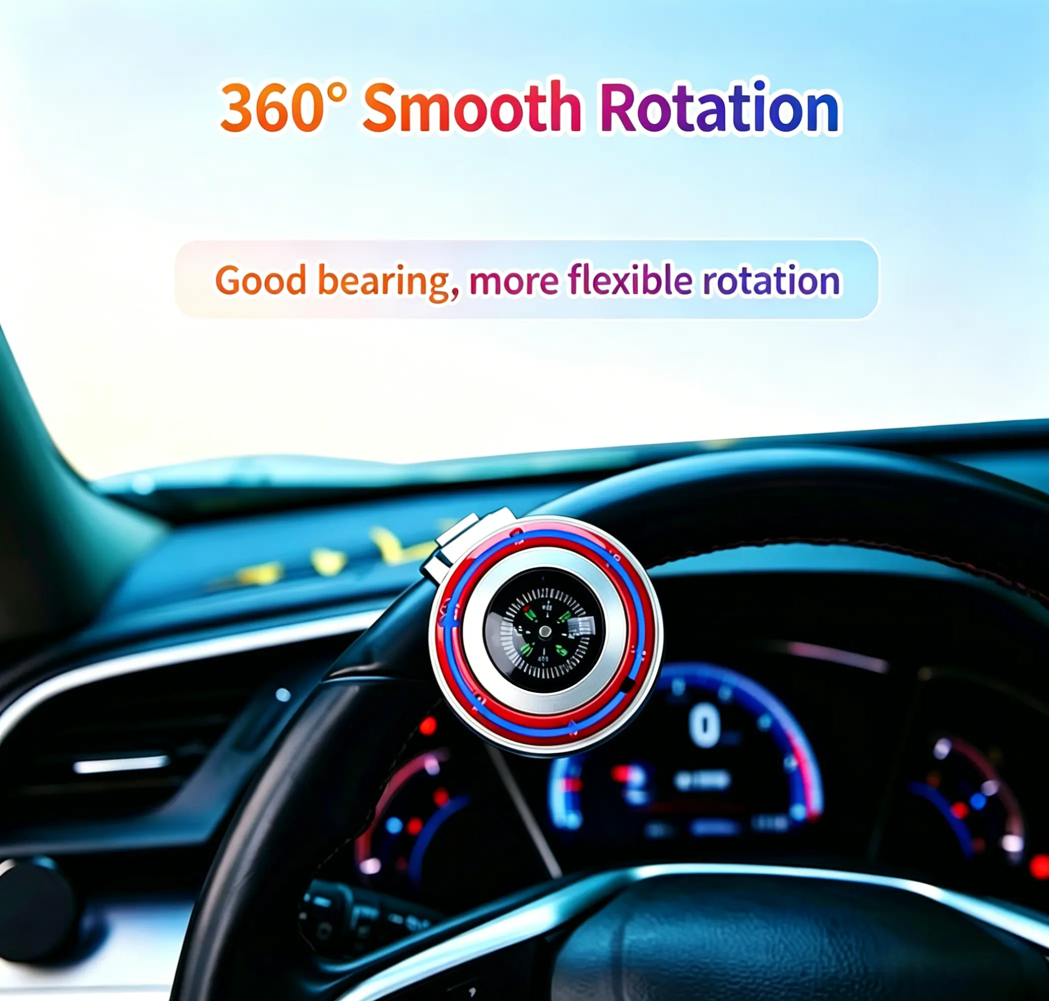 Upgrade Stainless Steel Bearing Steering Wheel Spinner Knob with Compass, Non-Slip Rubber Pad Car Steering Wheel Power Handle, Universal Fit All Vehicles