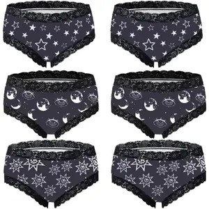 6pcs Gothic Chic Low Rise Bikinis Contrast Lace, Skull & Eyeballs & Stars Print, Women Comfortable Hipster Panties