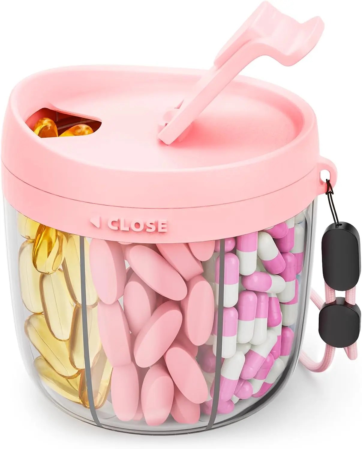AMOOS Pink Pill Dispenser - 7-Slot Anti-Mix Design, Bpa-Free Patented, Wide Mouth for Organized Meds, Portable Travel Pill Organizer for Vitamins, Fish Oils, Supplements, Healthcare Case