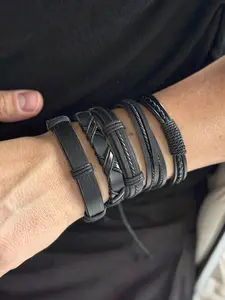 Men's Punk Style Handmade Bracelet Set, PU Leather Stackable Bracelets, Multiple Combinations Available, Men's Fashion Jewelry Gift