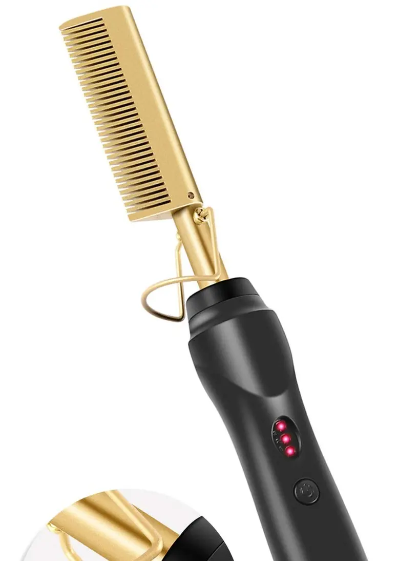 2-in-1 Electric Curling Comb & Ceramic Hair Straightener Plug-In - Lightweight Fast PTC Heating Styling Brush with Aluminum Alloy Barrel, 3 Adjustable Temperature Settings for Smooth Straight or Natural Curly Hair