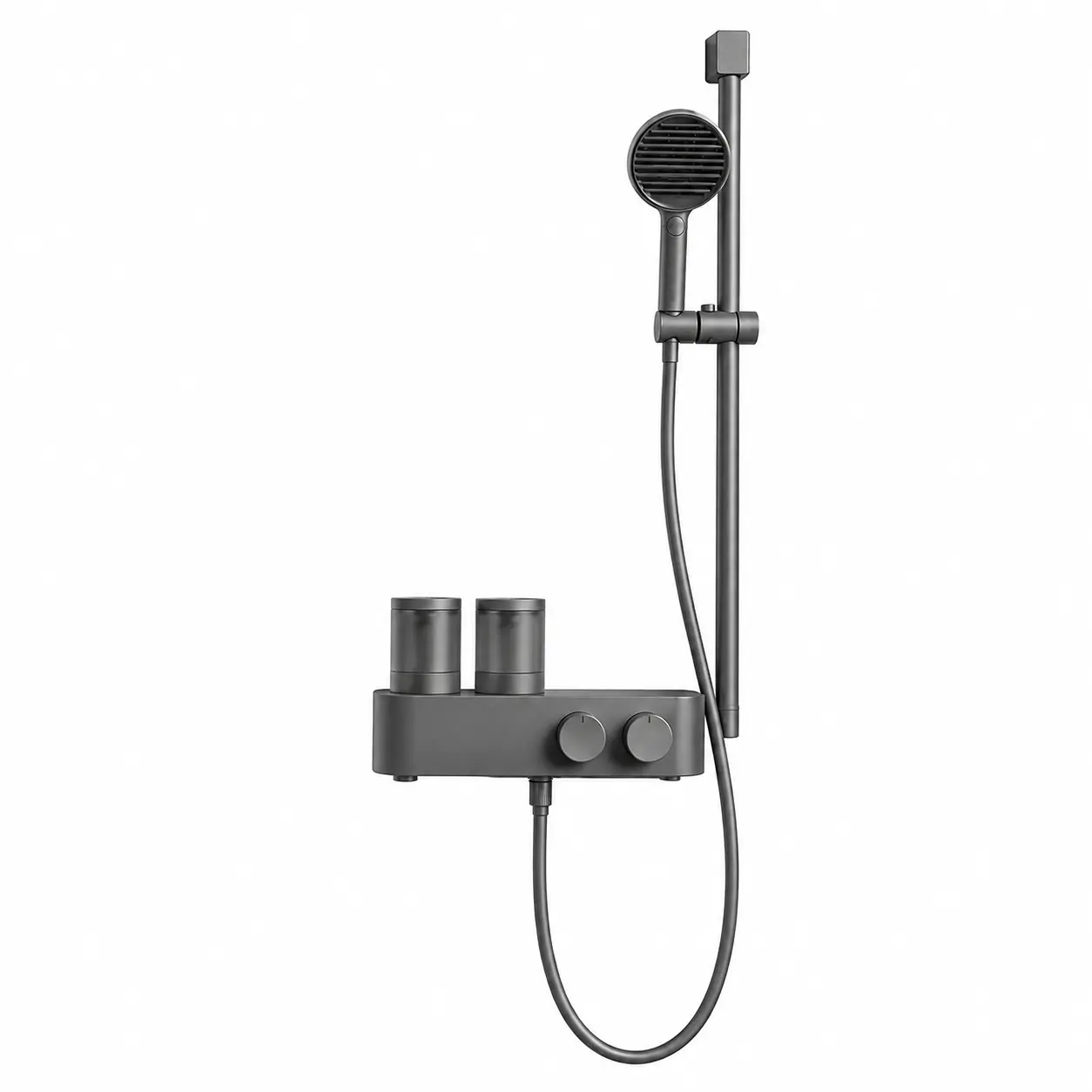 2-in-1 handheld shower set with foam dispensing and dual-chamber storage for body wash and shampoo; minimalist wall-mounted shower panel in matte white or gunmetal grey; dual knobs for independent control of water flow and foam; slim, space-saving design.