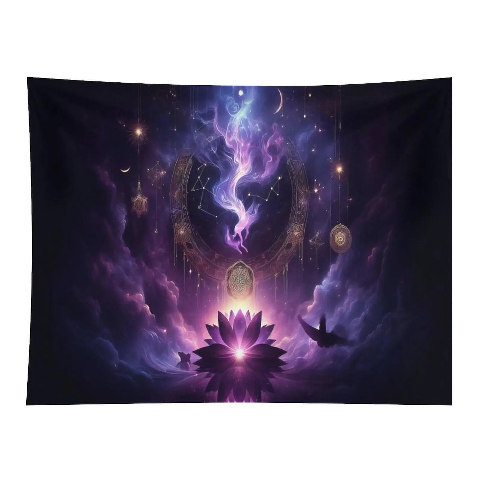 Magical Glowing Purple Smoke Lotus Constellation Dark Starry Night Sky Mystic Astrology Space Fantasy Art Wall Tapestry