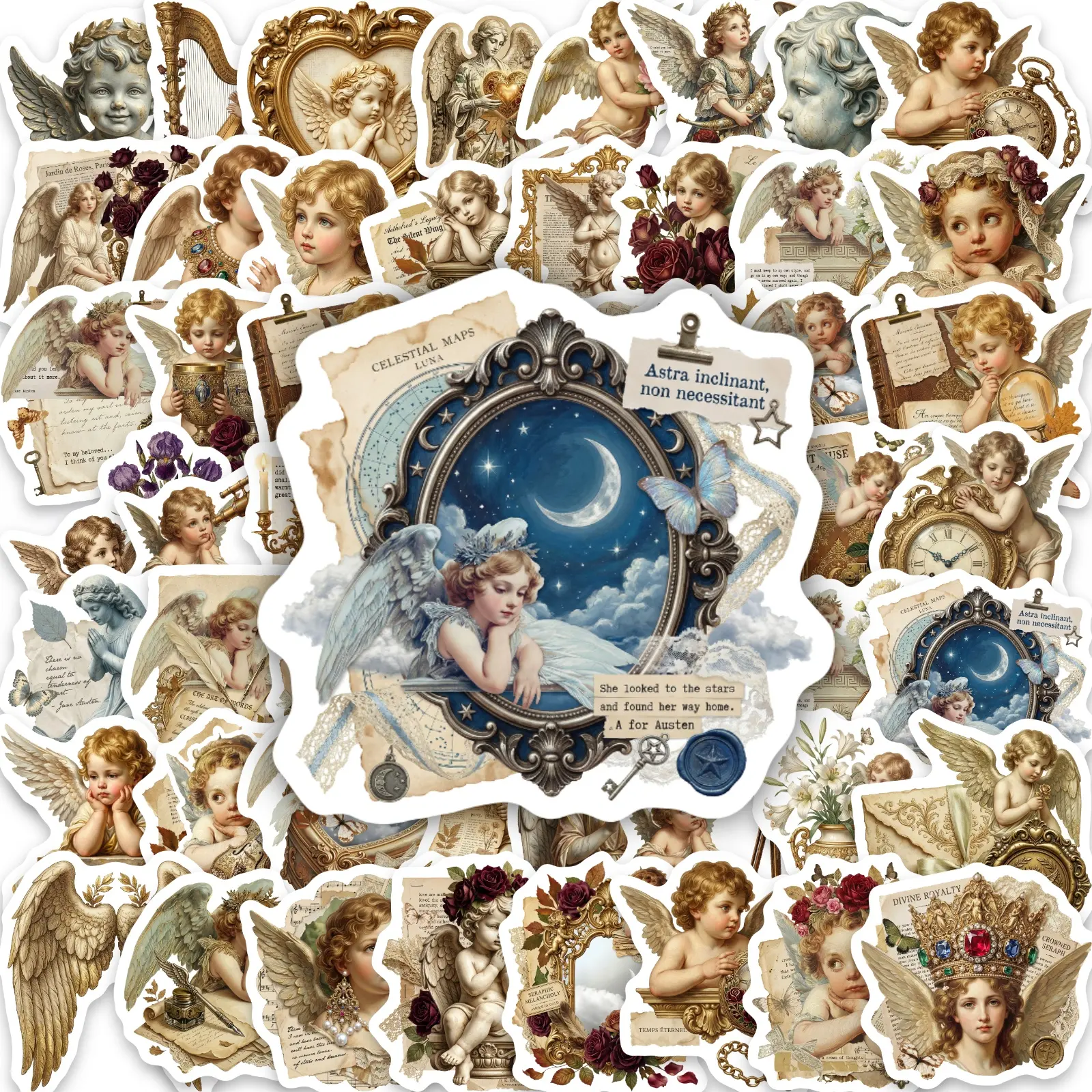 50pcs European Classical Mythological Angel Series Stickers Decals, Suitable for Scrapbooks, Diaries, Laptops, Water Bottles, Cars, and Other Faith-based Designs; A Gift with Positive Messages.