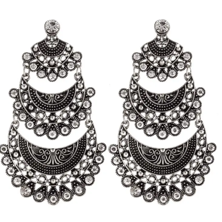 Vintage Party Wear Royal Indian Jhumkas Silver Earrings Jhumkas (Bali Bohemia Drop Dangle) Bollywood Style Ethnic Traditional Jewelry Wedding Bridal Party Wear Indian Earrings For Women