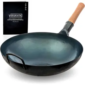 Blue Round Bottom Wok Pan  14" Woks and Stir Fry Pans - Chinese Hammered Pow Carbon Steel - Traditional Chinese Japanese Woks