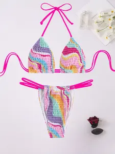Rainbow wave print ruched halter tie two-piece bikini sexy hot girl beach vacation casual swimsuit set