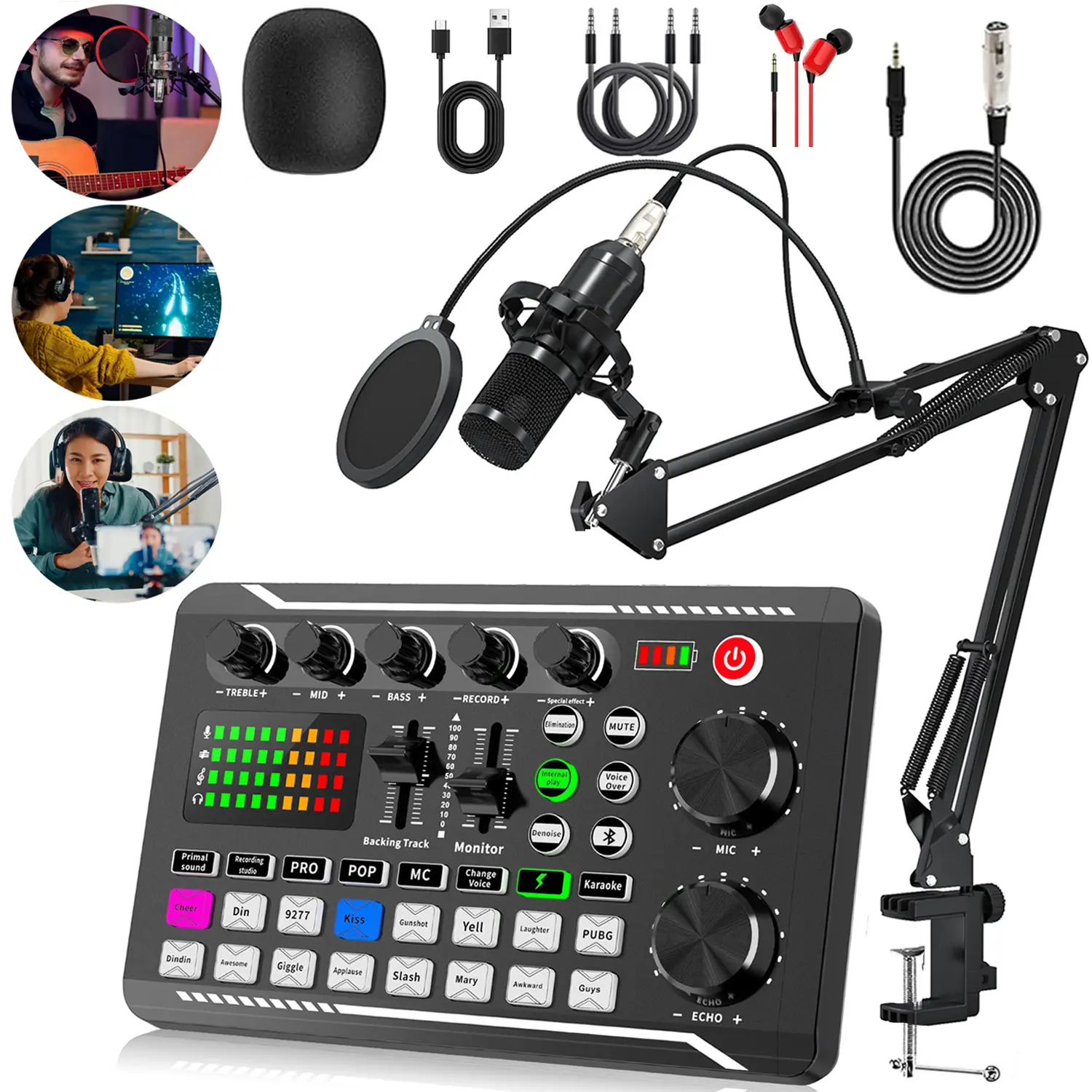 F998 Live Sound Card Podcast Equipment Bundle,Wireless Bluetooth