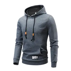 Men's Gray Plaid Hooded Sweatshirt Textured Design Simple Drawstring Casual Top for Everyday Wear 2026