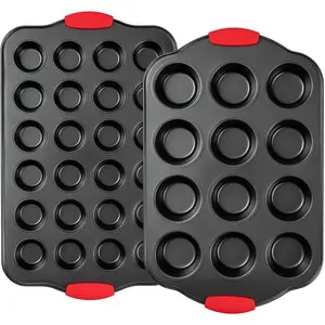 Muffin Pan, Nonstick Cupcake Pan Set, 2 Pack Heavy Duty Muffin Tins for Baking, 12-Cup Regular and 24-Cup Mini Bareware Tray with  Grip Handles