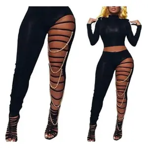 casual outfits women  Sexy Cutout Ripped Mid Waist Full-Length Stretchy Pants with Chain Decor Womenswear Black Bottom