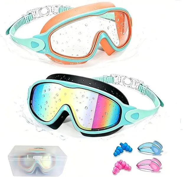 GMOX 2-pack children's swimming goggles, UV protection, anti-fog, wide field of vision, suitable for children aged 3-16, free earplugs and nose clip included.