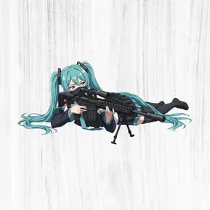 Hatssune Miku Sniper Waifu Sticker, Miku Tactical Girl with Gun, Cyber Anime Aesthetic